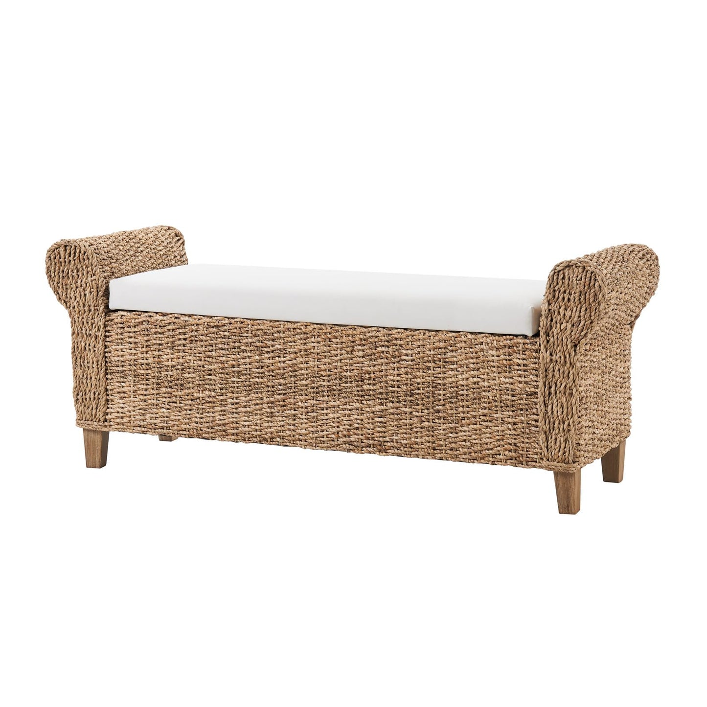 HULALA HOME Rattan Storage Bench, Rattan Upholstered End of Bed Bench with Roll Arm & Solid Wood Legs, Natural