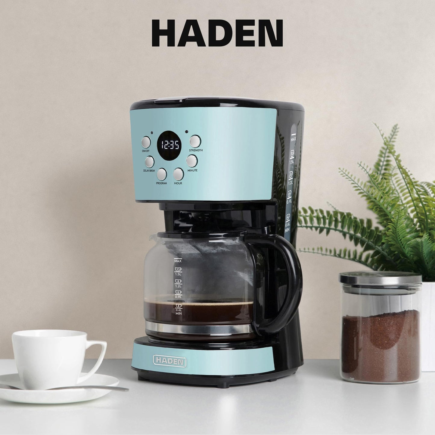 Haden Coffee Machine, 12 Cup Programmable Drip Coffee Maker with Auto Shut-Off Function and Reusable Washable Water Filter, Turquoise & Chrome