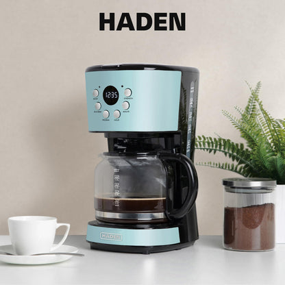 Haden Coffee Machine, 12 Cup Programmable Drip Coffee Maker with Auto Shut-Off Function and Reusable Washable Water Filter, Turquoise & Chrome