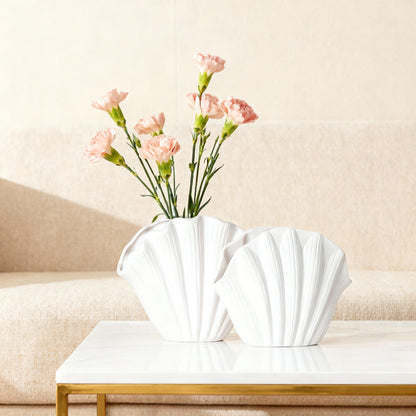 Seashell Vase Set of 2 - White Sea Shell Vase, Coastal Clam Shell Shaped Vases Decor for Table, Beach Ceramic Seashell Flower Vases Home Décor Accents for Pampas Grass, Ocean Aesthetic Room Decoration
