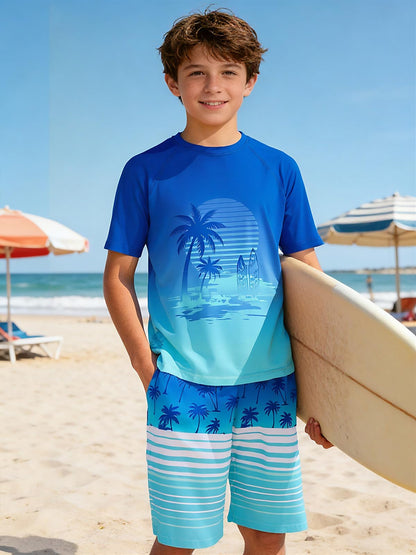 Boys Swim Sets Kids Short Sleeve Bathing Suit Blue Rash Guard for Boys Palm Tree Swim Trunks with Surfing Water Shirts Size 10