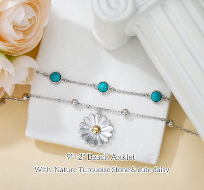 Genuine Turquoise Anklet with Daisy, Sterling Silver Summer Beach Dainty Bohemia Nature Gemstone Jewelry for Women, 9+2''