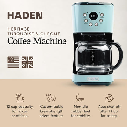 Haden Coffee Machine, 12 Cup Programmable Drip Coffee Maker with Auto Shut-Off Function and Reusable Washable Water Filter, Turquoise & Chrome