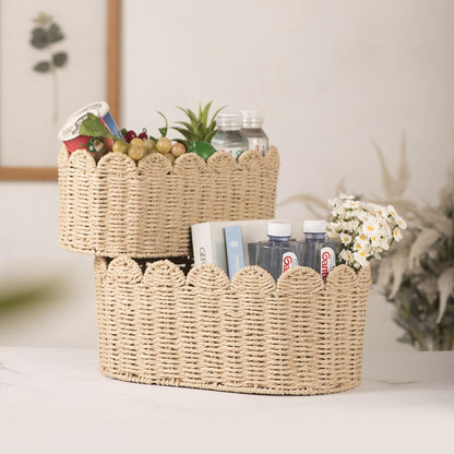Scalloped Basket, Wicker Storage Baskets, Hand Woven Baskets for Shelves,Natural Baskets for Organizing (Paper rope(Ellipse-16"L x 10"W x 7"H))