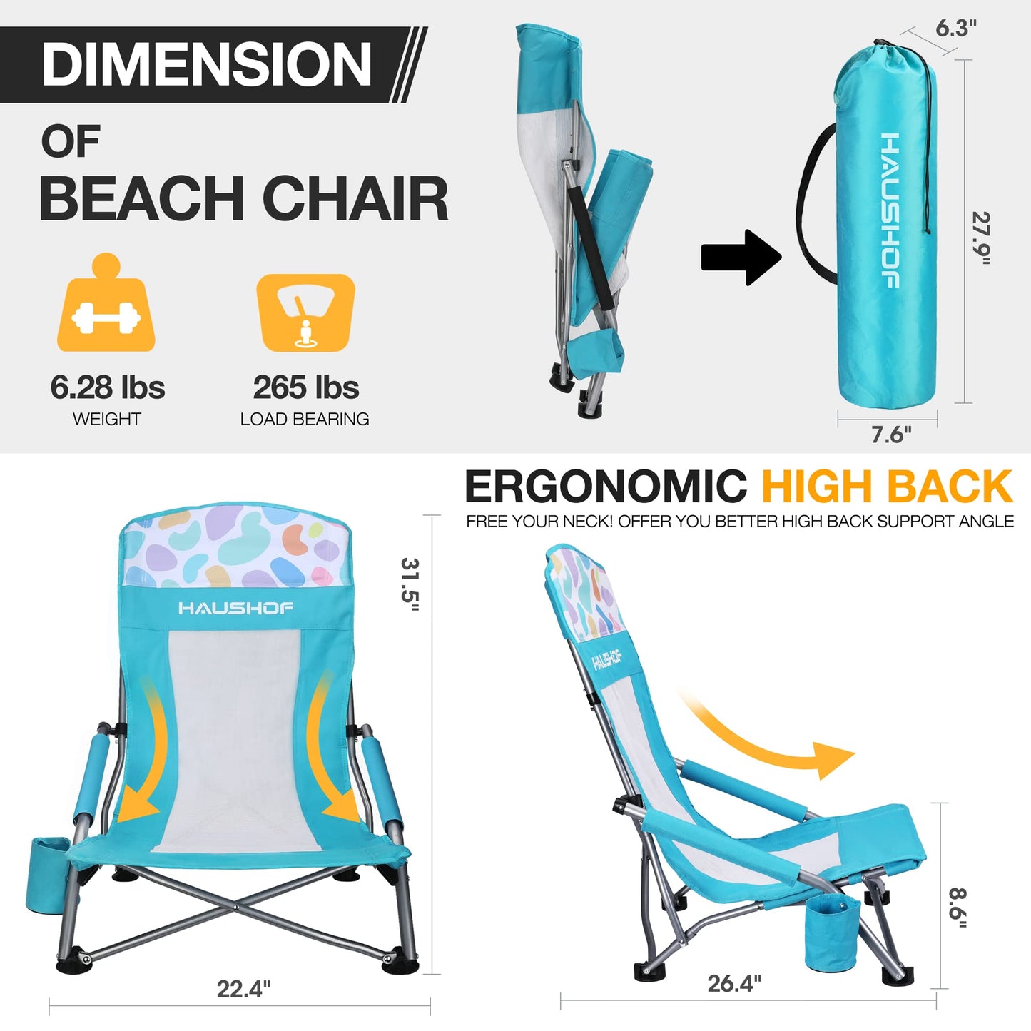 HAUSHOF 2-Pack Blue High Back Beach Chairs with Colored Dots, Durable 600D Oxford Fabric, Industrial Grade Iron, Maximum Seated Weight Capacity: 265 lbs, Ergonomic Design