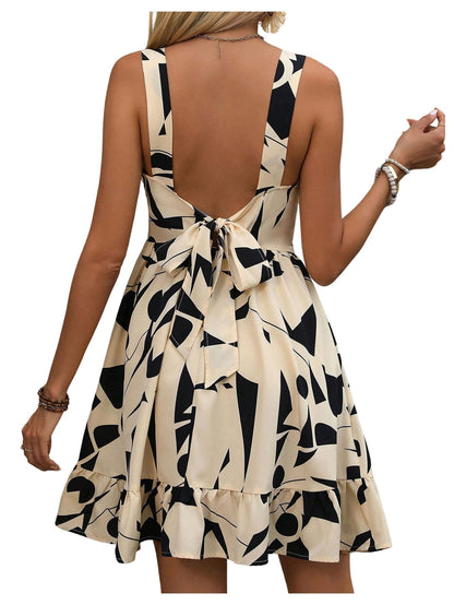 SweatyRocks Women's A Line Ruffle Beach Dress V Neck Sleeveless Tie Back Geometric Print Summer Dresses Multicolor L
