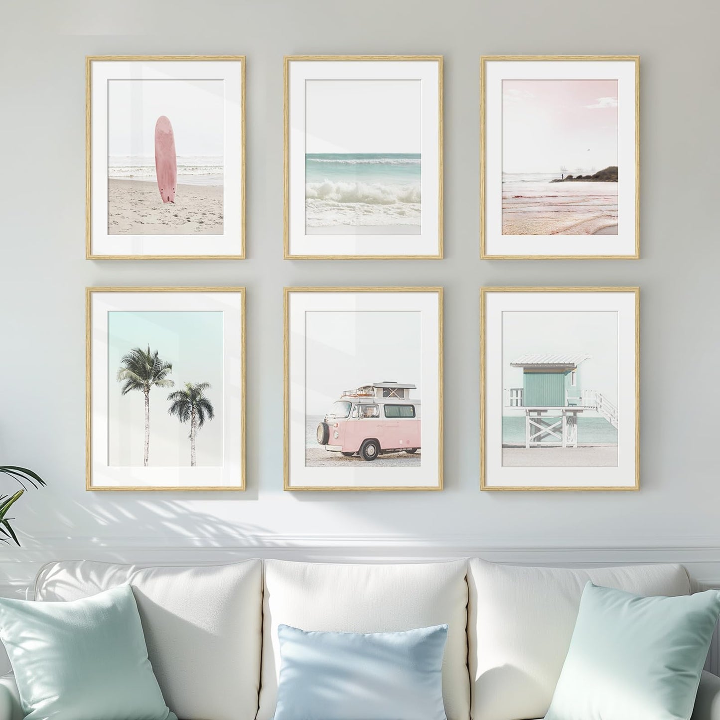 Framed Pink and Mint Green Coastal Wall Art for Living Room, 6 Piece Palm Tree Surfboard Beach Pictures Prints for Bedroom, Tropical Nautical Ocean Beachy Artwork for Hallway Walls Decor, 11x14 Inch
