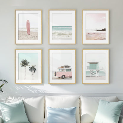 Framed Pink and Mint Green Coastal Wall Art for Living Room, 6 Piece Palm Tree Surfboard Beach Pictures Prints for Bedroom, Tropical Nautical Ocean Beachy Artwork for Hallway Walls Decor, 11x14 Inch
