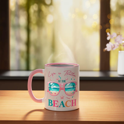 Life Is Better At The Beach Ceramic Mug, Pink/White