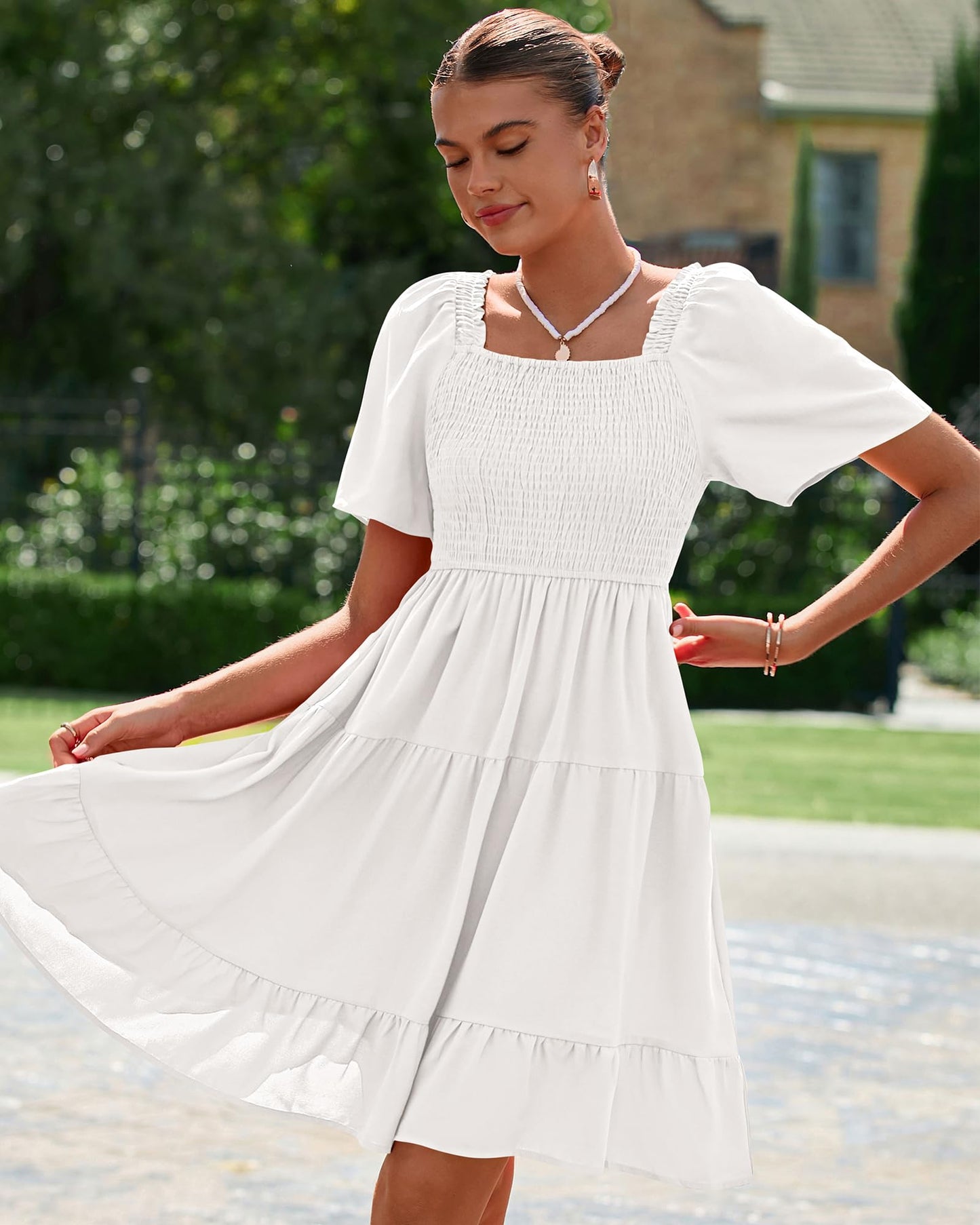 BTFBM Womens Summer Smocked Mini Dress Spring Square Neck Flutter Sleeve Casual Ruffle Swing Boho Beach Dresses Pockets(White, Large)