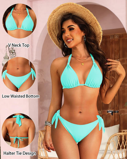 Women Halter Bikini Set - Two Piece Triangle Swimsuit Tie Bathing Suit 2025 Cute Swimwear Turquoise X-Small