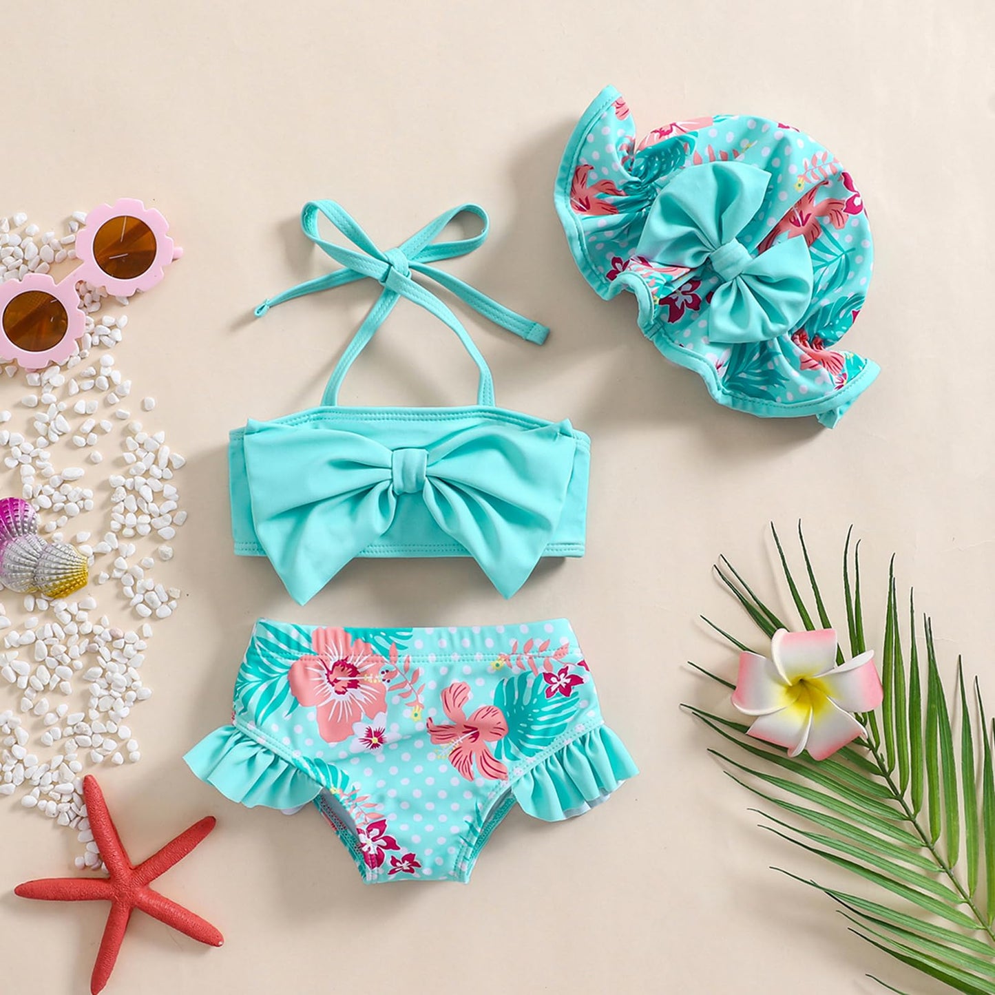 Aimaopao Baby Girls Swimsuit Infant Toddler Girl Bathing Suit Bikini Two Piece Swimwear with Hat (Blue Floral, 6-12 Months)