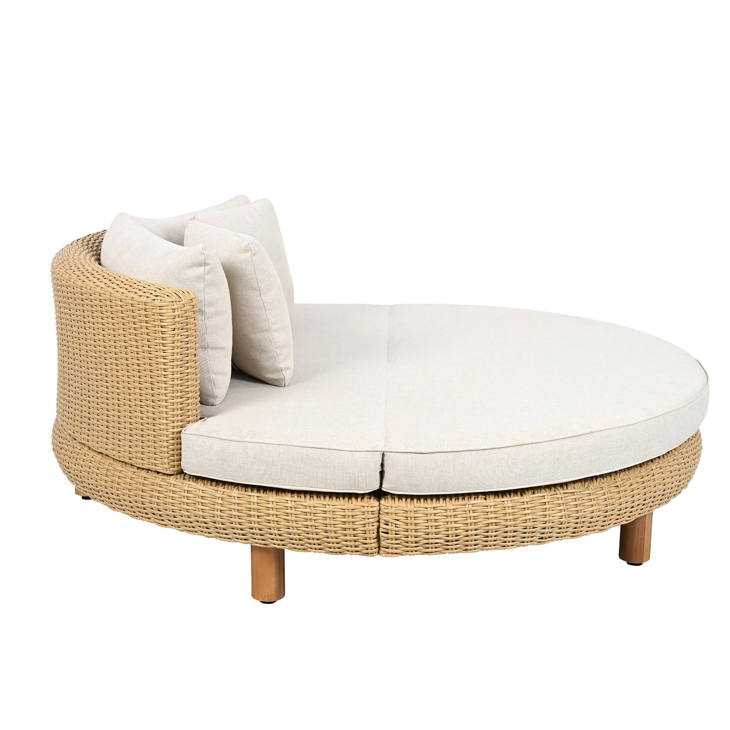 Scott Living Jennie Outdoor Round Wicker Daybed with Water-Resistant Beige Cushions and Pillows, Garden Daybed Sofa, PE Rattan Patio Lounger for Garden, Poolside, Natural+Beige