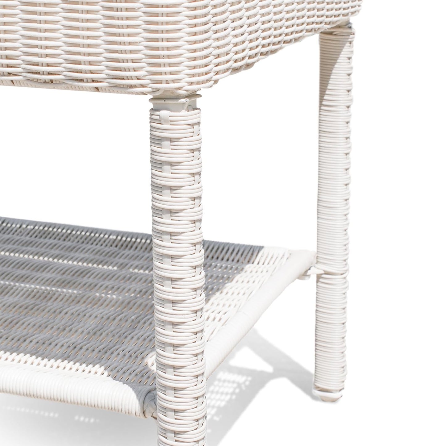 Krikacy Park Meadow Outdoor Wicker Coffee Table 34 Inch HDPE Rattan Patio Furniture with Double Shelves & Grey HIPS Top, Off White