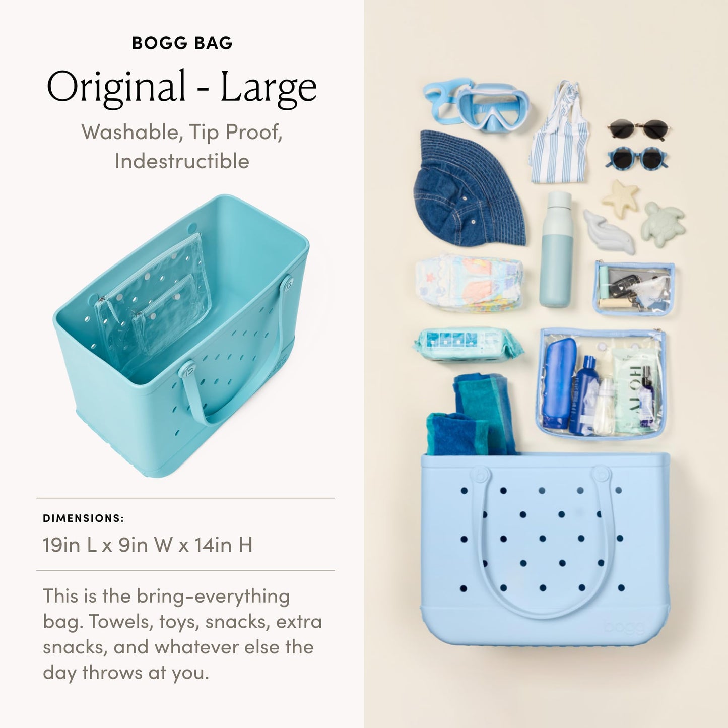 BOGG BAG Original Large Tote – 19” x 14” x 9” – Durable, Washable, Tip-proof – Beach, Pool, Boat, Work, Sports (Aquamarine)