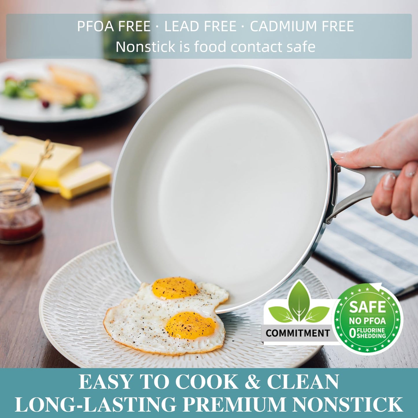 ONGIFT Kitchen Pots and Pans Set Non Stick, 11 Pcs Ceramic Cookware Set with Stay-Cool Handle, Pot and Pan Set NonToxic PFOA/PFAS Free, Dishwasher/Oven Safe, Evenly Heats, Enamel Exterior - Teal