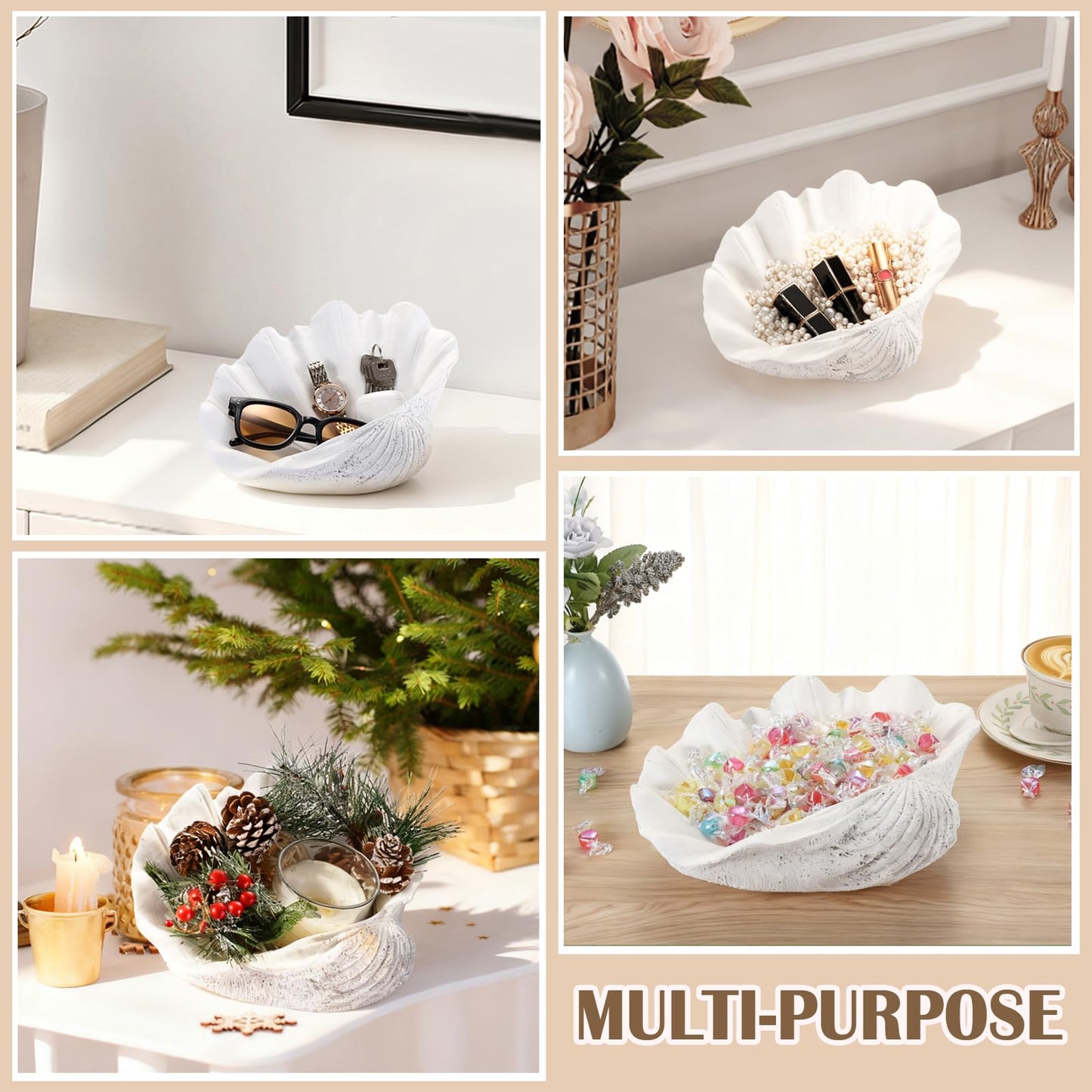GUSHBIN Resin Seashell Decorative Bowl for Home Decor Key Bowl for Entryway Table Catch All Bowl for Candy Makeup Jewelry Display Holder, White