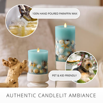 Luminara Flameless LED Candle Soft Teal Embedded Seashell & Starfish Moving Flame Pillar Unscented Real Wax with Recessed Edge, Timer (6.5-inch)