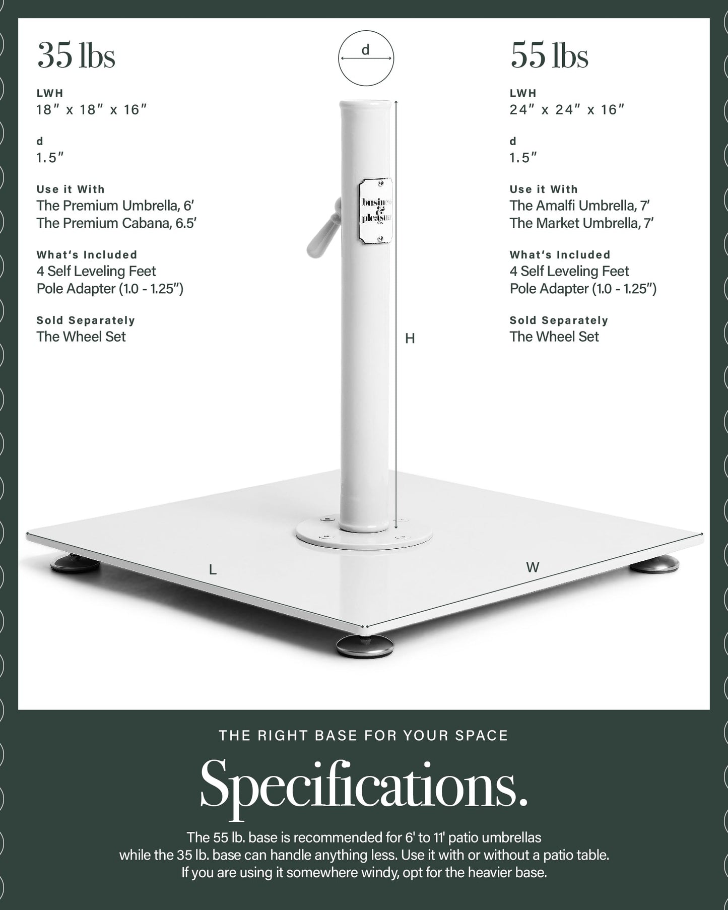 Business & Pleasure Co. Classic White Umbrella Base - Perfect for The Patio Table or Pool - Heavy Outdoor Square Metal Stand - Fits Beach, Market, & Patio Umbrellas - 55 lbs