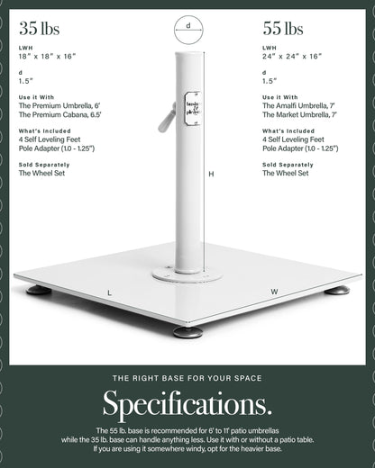 Business & Pleasure Co. Classic White Umbrella Base - Perfect for The Patio Table or Pool - Heavy Outdoor Square Metal Stand - Fits Beach, Market, & Patio Umbrellas - 55 lbs
