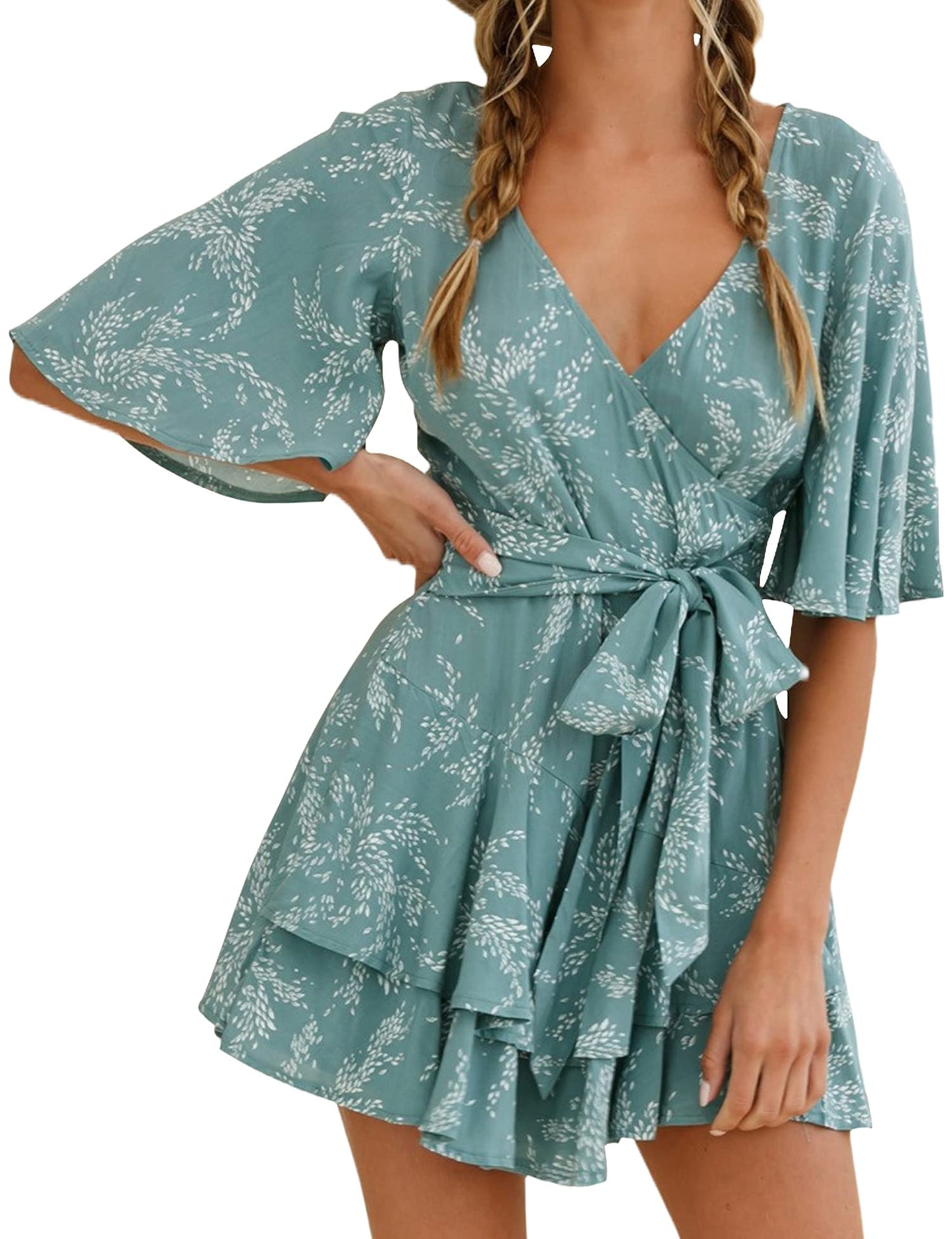 Relipop Women's V Neck Summer Romper Floral Half Sleeves Waist Tie Jumpsuits Wide leg Ruffle Vacation Casual Rompers Outfit Lake Blue Medium