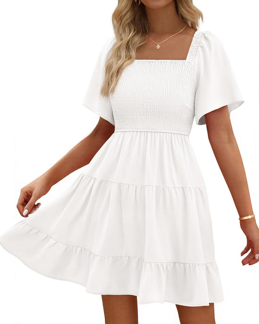 BTFBM Womens Summer Smocked Mini Dress Spring Square Neck Flutter Sleeve Casual Ruffle Swing Boho Beach Dresses Pockets(White, Large)
