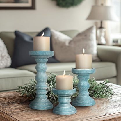 Candle Holder for Pillar Candle Set of 3, Ocean Themed Beach Decor Candle Holders, Coastal Farmhouse Nautical Rustic Decorations for Bathroom, Living Room, Dining Room and Office, Blue