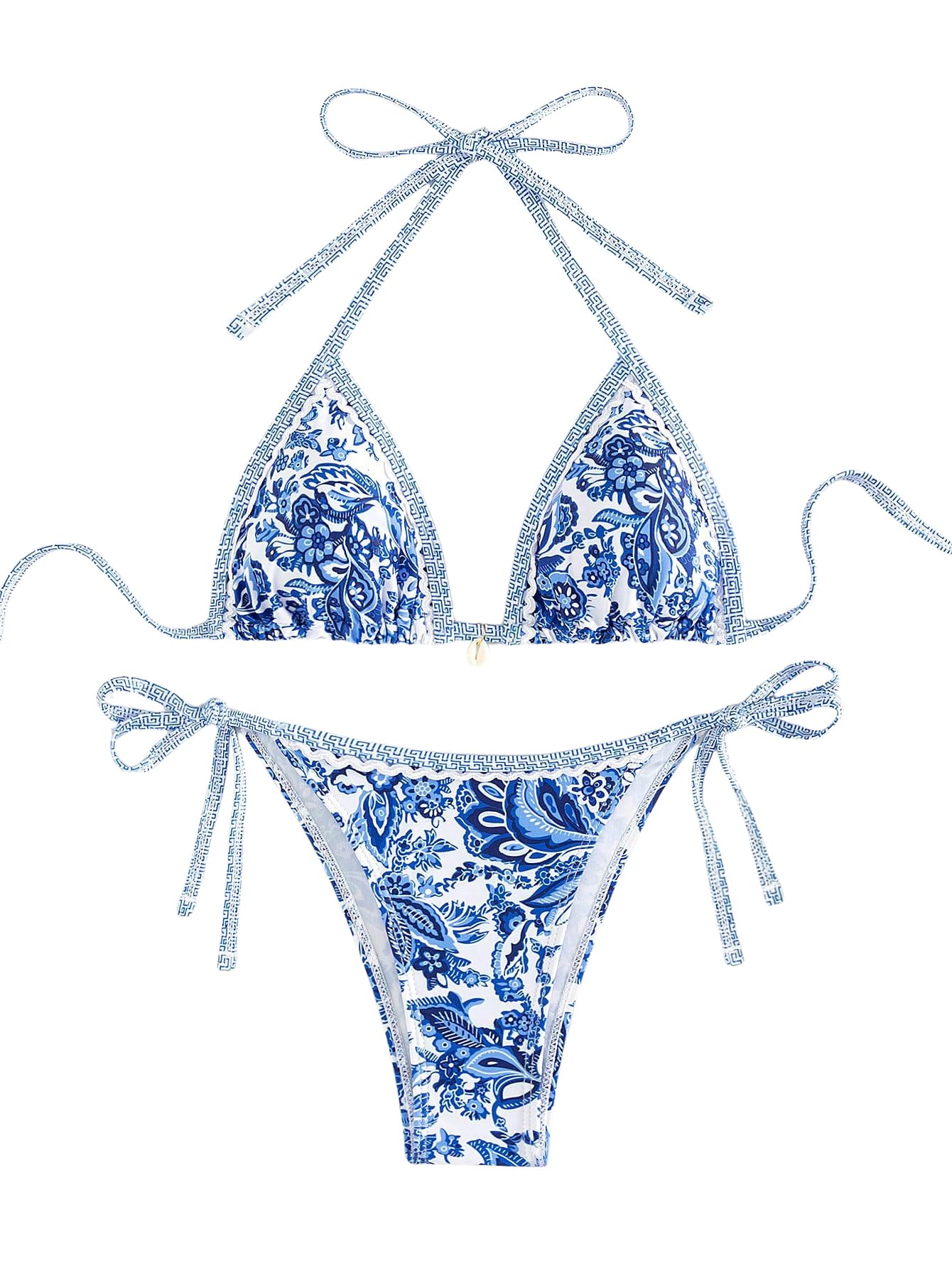 QJQ Women's 2 Piece Bikini Sets Floral Boho Halter Triangle Bathing Suit Sexy Cheeky String Swimsuit Blue and White Large