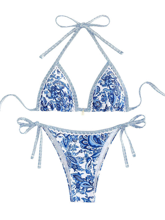 QJQ Women's 2 Piece Bikini Sets Floral Boho Halter Triangle Bathing Suit Sexy Cheeky String Swimsuit Blue and White Large