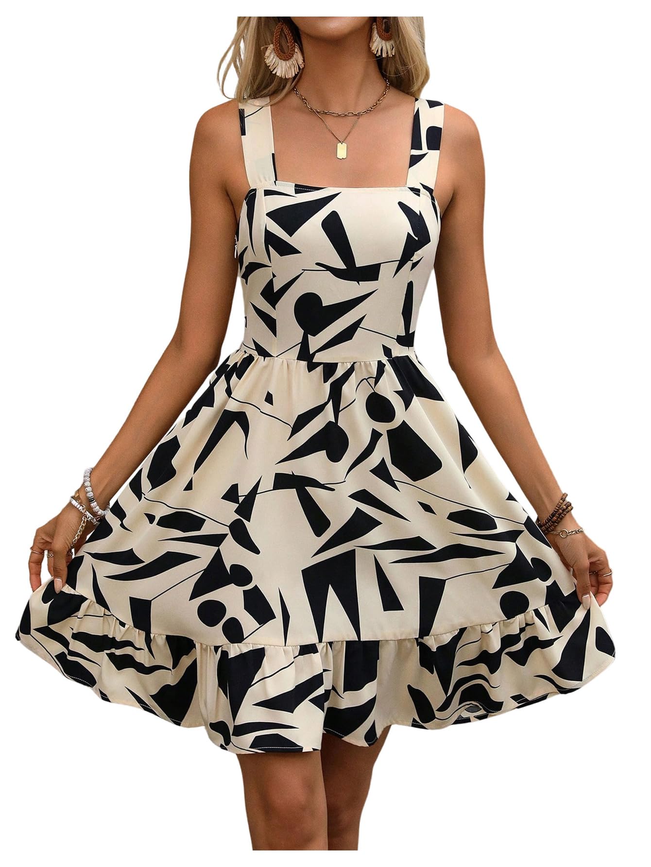 SweatyRocks Women's A Line Ruffle Beach Dress V Neck Sleeveless Tie Back Geometric Print Summer Dresses Multicolor L