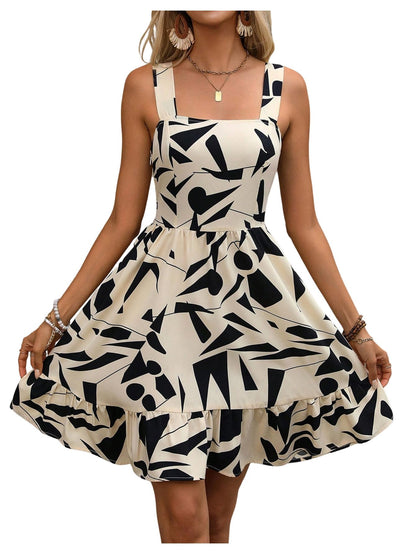 SweatyRocks Women's A Line Ruffle Beach Dress V Neck Sleeveless Tie Back Geometric Print Summer Dresses Multicolor L