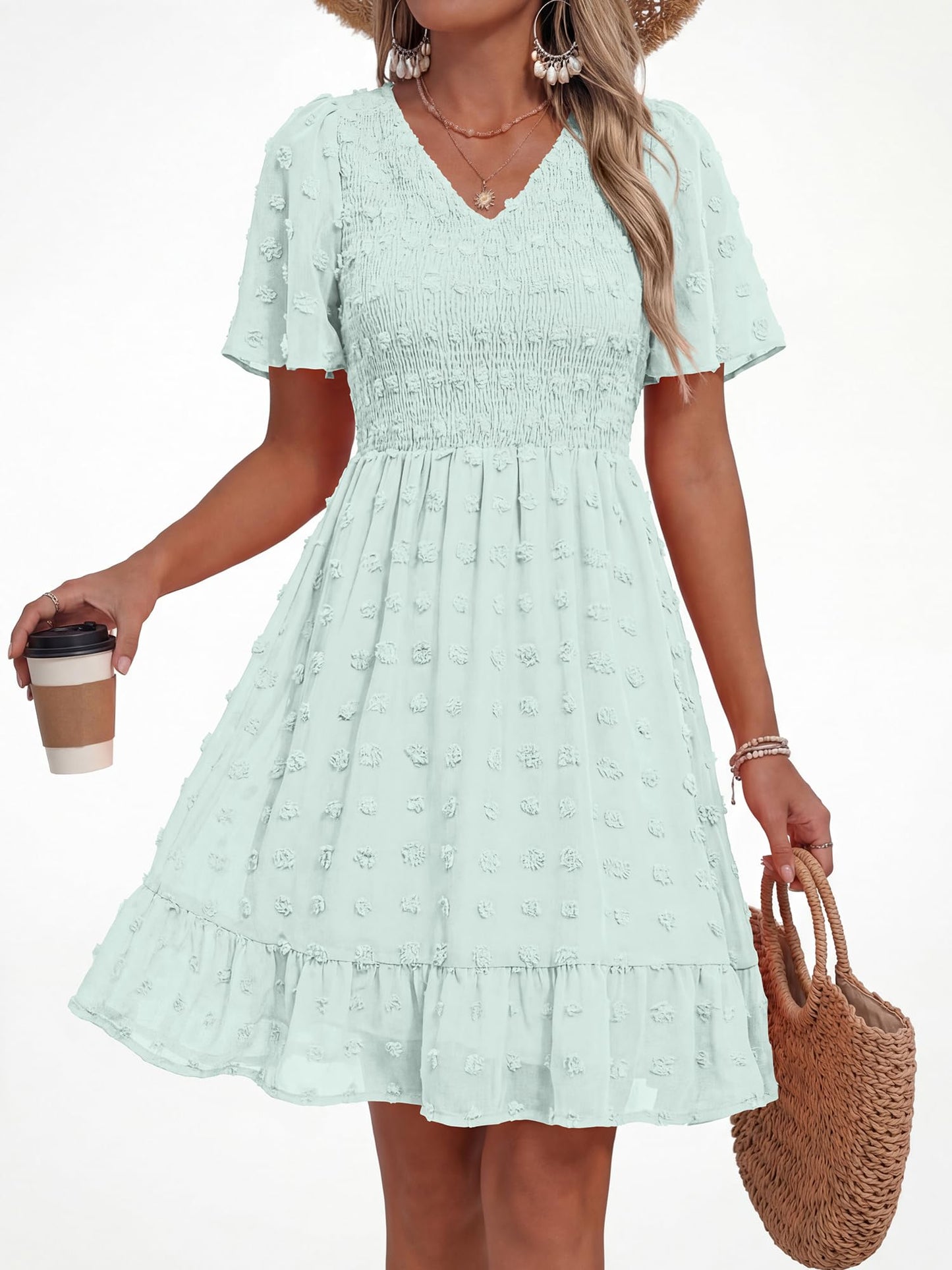 BTFBM Womens Beach Vacation Dress Summer 2026 V Neck Short Sleeve Smocked Swiss Dot Ruffle Casual Spring Mini Dresses(Light Green, XX-Large)