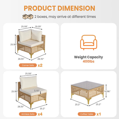 FHFO Patio Furniture Set, 7-Piece Wicker Patio Sectional Sofa Couch, Rattan Outdoor Conversation Set with Thick Cushion & Tempered Glass Coffee Table for Porch, Garden, Backyard (Yellow/Beige)