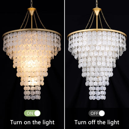 Wellmet Coastal Capiz Shell Chandelier, 9 Lights Beach Light Fixture, Sea Shell Pendant Lighting for Dining Room, Modern Gold Ceiling Light for Kitchen Island, 30" Dia