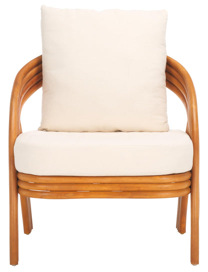 SAFAVIEH Couture Collection Demarco Tropical Coastal Natural Rattan/White Linen Cushion Accent Chair (Fully Assembled)
