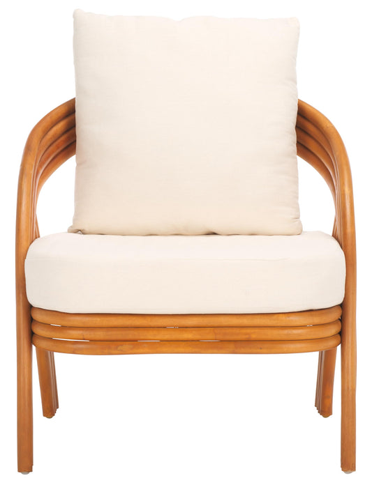 SAFAVIEH Couture Collection Demarco Tropical Coastal Natural Rattan/White Linen Cushion Accent Chair (Fully Assembled)