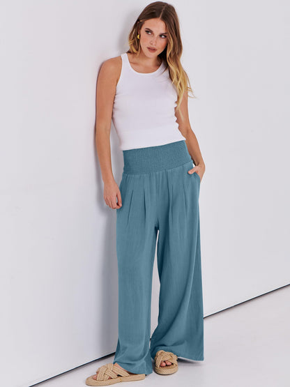 ANRABESS Women Linen Palazzo Pants Summer Boho Wide Leg High Waist Casual Lounge Pant 2026 Beach Travel Vacation Outfits Lake XX-Large
