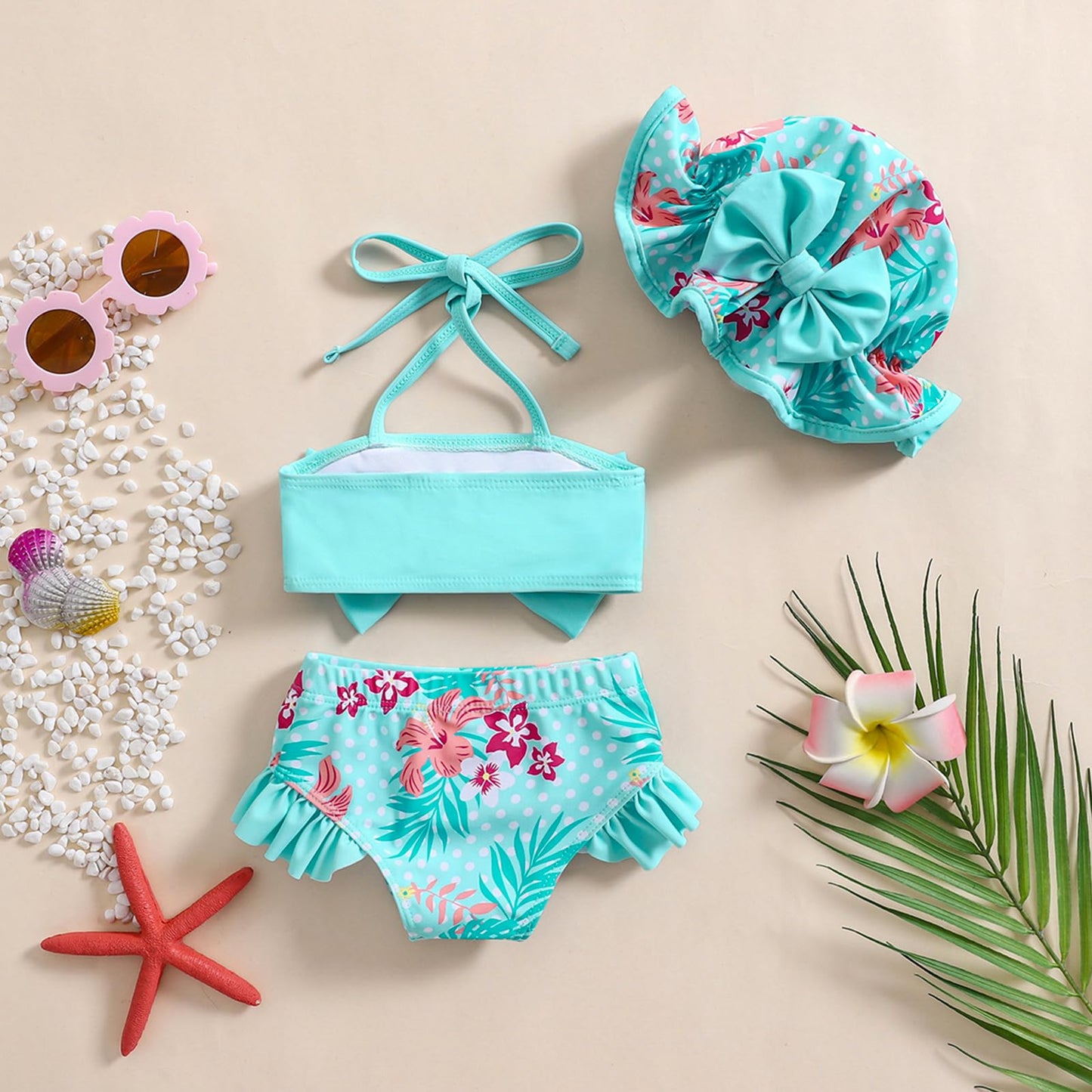 Aimaopao Baby Girls Swimsuit Infant Toddler Girl Bathing Suit Bikini Two Piece Swimwear with Hat (Blue Floral, 6-12 Months)