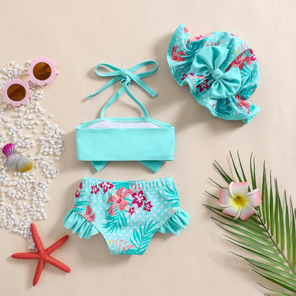 Aimaopao Baby Girls Swimsuit Infant Toddler Girl Bathing Suit Bikini Two Piece Swimwear with Hat (Blue Floral, 6-12 Months)