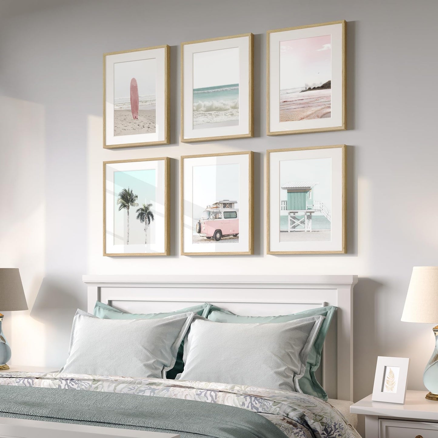 Framed Pink and Mint Green Coastal Wall Art for Living Room, 6 Piece Palm Tree Surfboard Beach Pictures Prints for Bedroom, Tropical Nautical Ocean Beachy Artwork for Hallway Walls Decor, 11x14 Inch