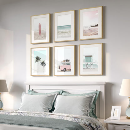 Framed Pink and Mint Green Coastal Wall Art for Living Room, 6 Piece Palm Tree Surfboard Beach Pictures Prints for Bedroom, Tropical Nautical Ocean Beachy Artwork for Hallway Walls Decor, 11x14 Inch