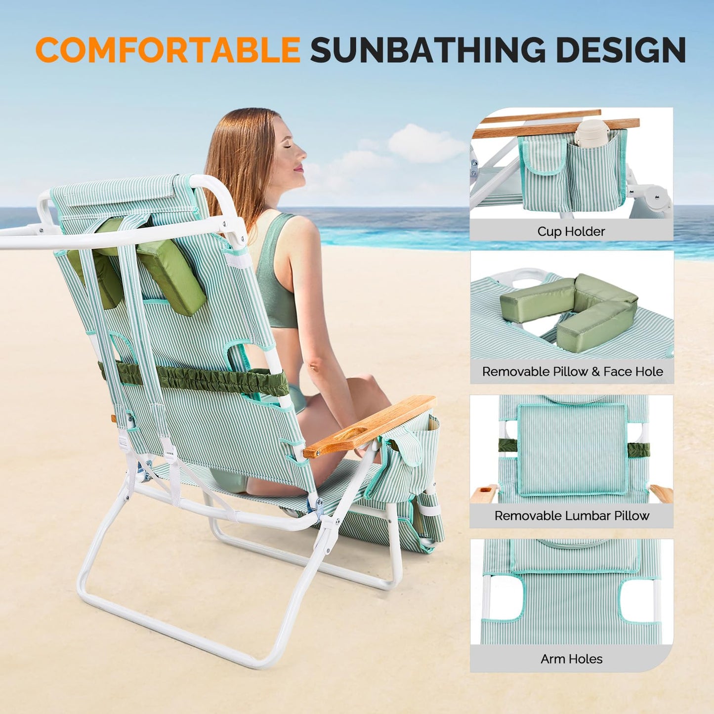 VINGLI Deluxe 3 in1 Beach Chair, Tanning Chair with Face Hole, Reclining Lounge with Foot Rest, Cup Holder and Storage Bag，Beach Lounge for Outdoor Pool-Yellow