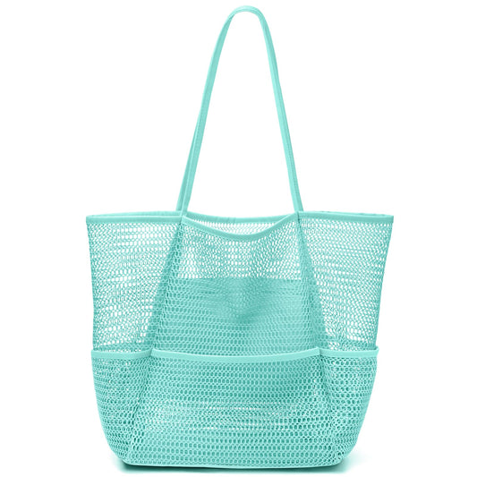 KPX Mesh Beach Bag, Tote Bag for Women Large Foldable Mesh Swimming Bag with Pockets - Sandproof, Waterproof (Blue-Style2)