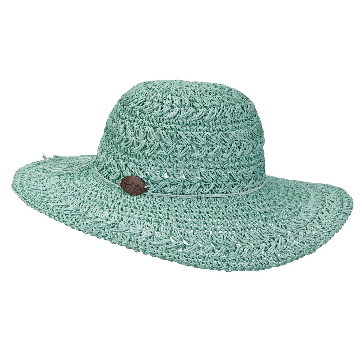 Panama Jack Women's Crocheted Toyo Sun Hat with Sizing Tie, 4" Big Brim (Aqua)