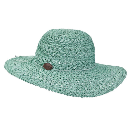 Panama Jack Women's Crocheted Toyo Sun Hat with Sizing Tie, 4" Big Brim (Aqua)