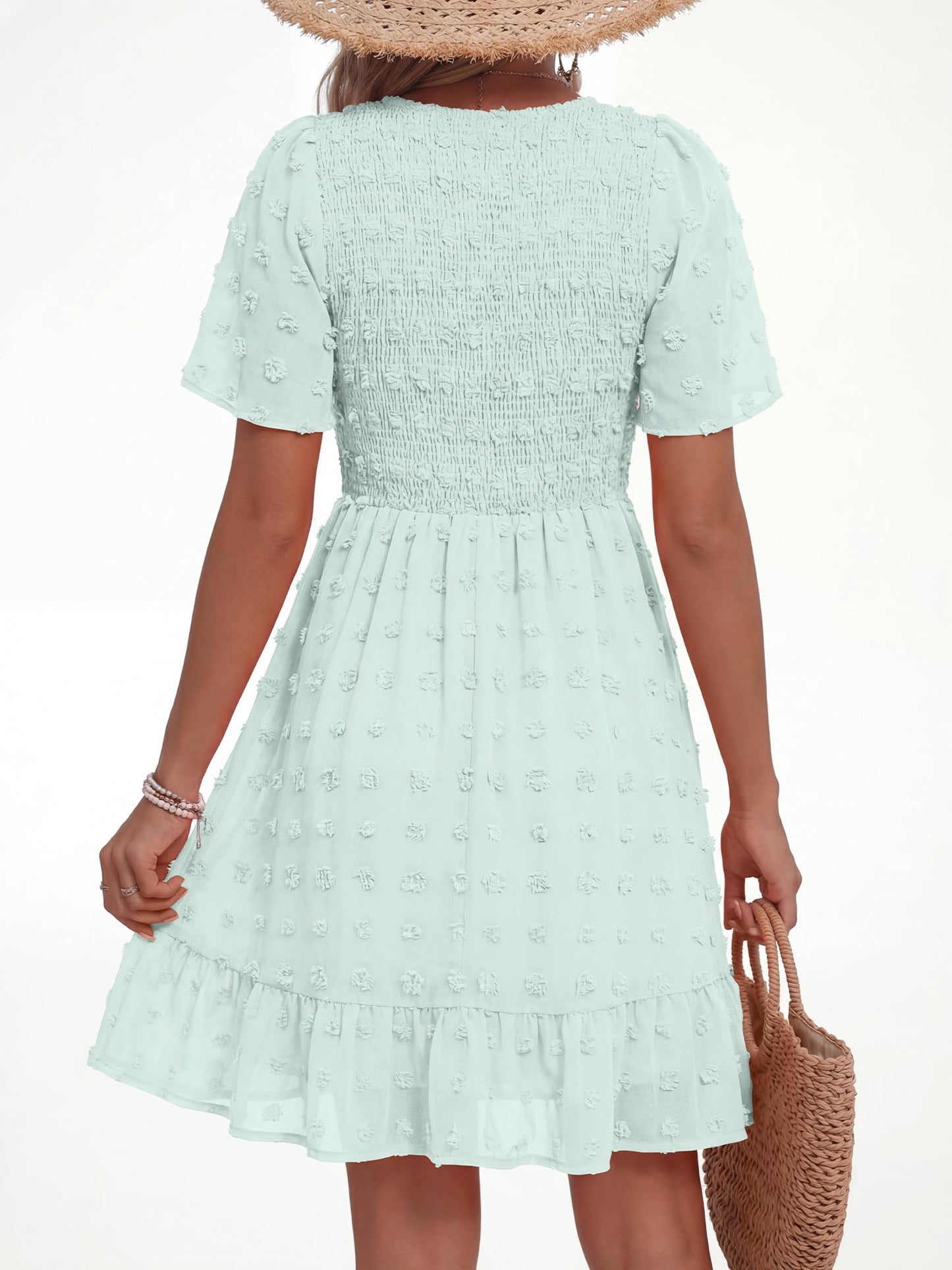 BTFBM Womens Beach Vacation Dress Summer 2026 V Neck Short Sleeve Smocked Swiss Dot Ruffle Casual Spring Mini Dresses(Light Green, XX-Large)