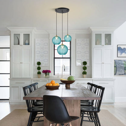 KCO Lighting Modern 3-Light Blue Striped Glass Pendant Light Fixture Nordic Glass Ball Cluster Chandelier Vintage Large Globe Pendant Lighting Mid-Century Black Island Light for Kitchen