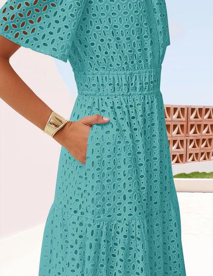 ZESICA Women's 2026 Summer Short Sleeve Maxi Dress Casual V Neck Hollow Out Eyelet Ruffle Swing A Line Long Dresses,Aqua,Large