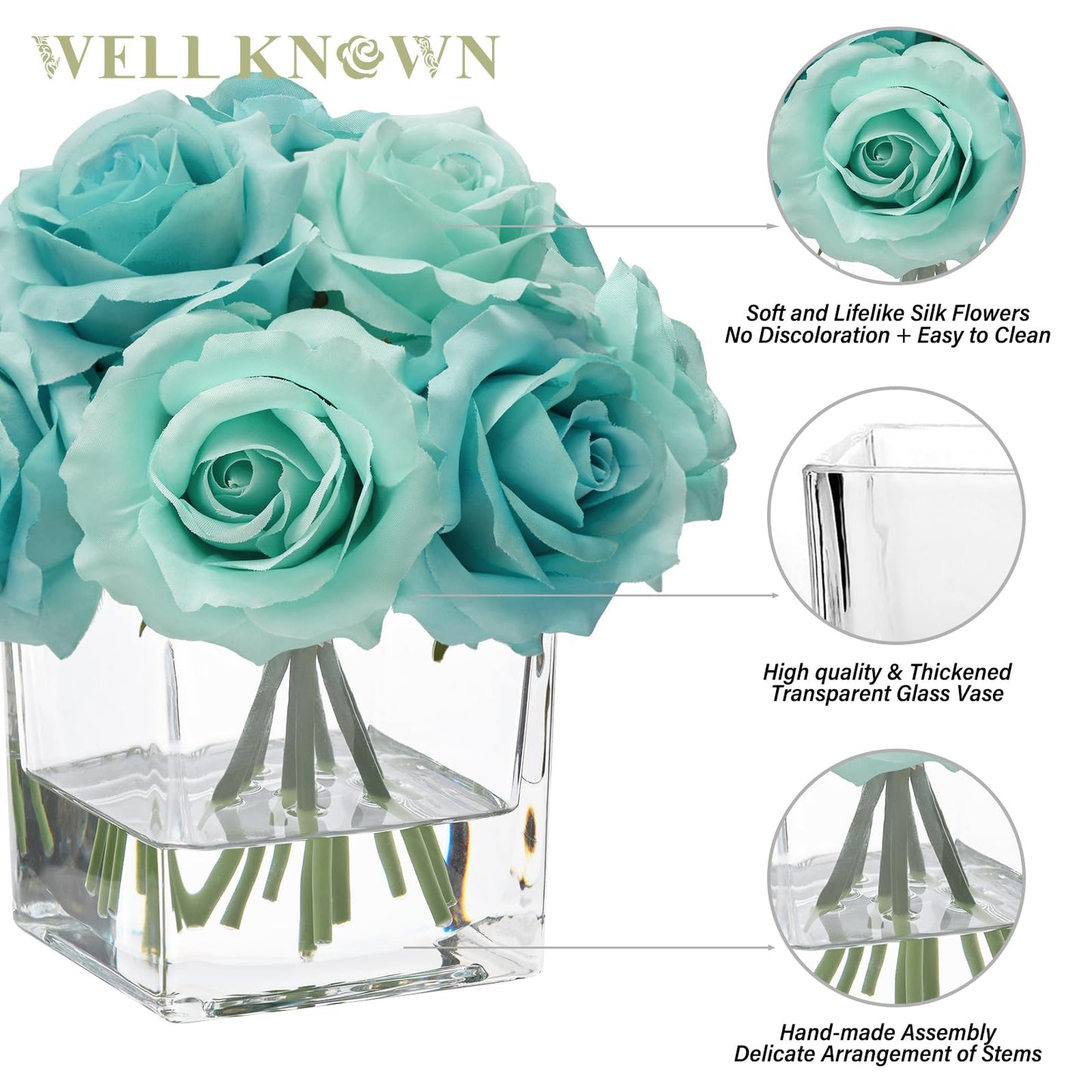 WELL KNOWN Rose Artificial Flowers in Vase with Faux Water, Silk Rose Table Centerpieces for Home Coffee Table Decor, Fake Roses Flower Arrangements for Office Hotel Lavatory Decor (Light Teal Blue)