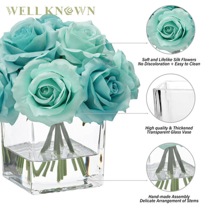WELL KNOWN Rose Artificial Flowers in Vase with Faux Water, Silk Rose Table Centerpieces for Home Coffee Table Decor, Fake Roses Flower Arrangements for Office Hotel Lavatory Decor (Light Teal Blue)